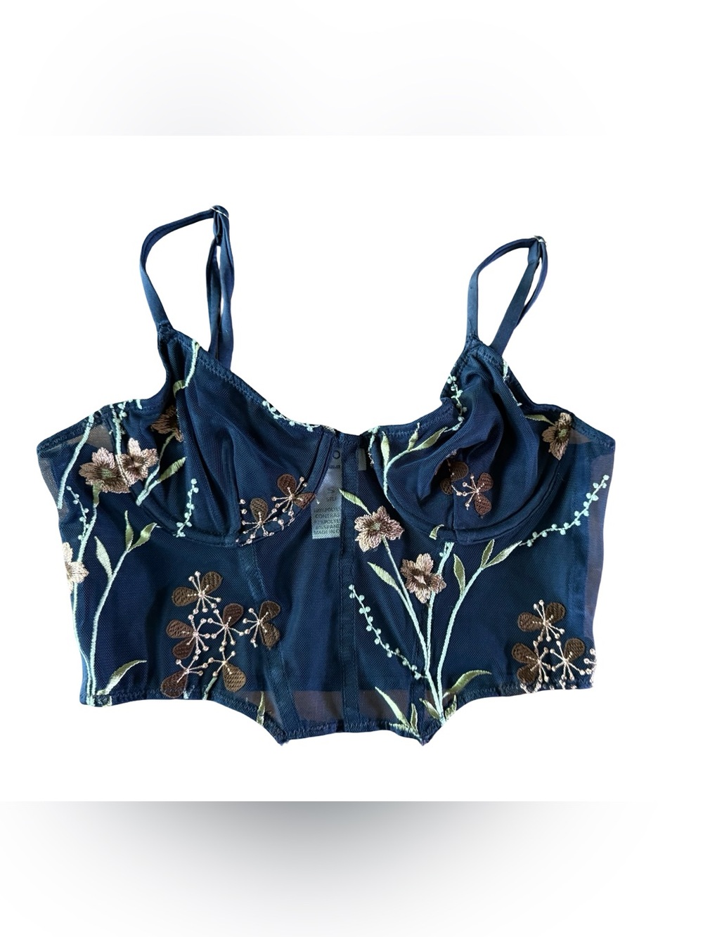 Tic Toc Navy Sheer Floral Embroidered Corset Crop Top Underwire Size S